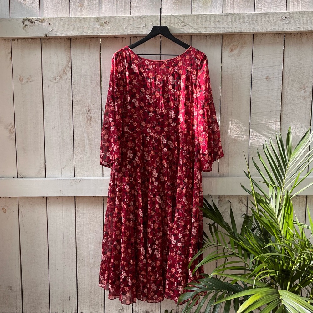En Saison Red Floral Bell Sleeve Midi Dress
